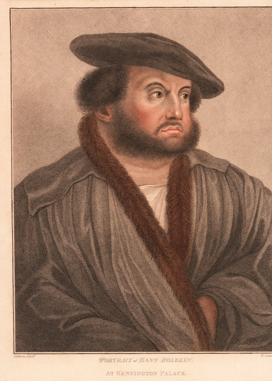 Selvportræt af kunstneren Hans Holbein på Kensington Palace. ,1812 (gravering) af Hans (after) Holbein the Younger