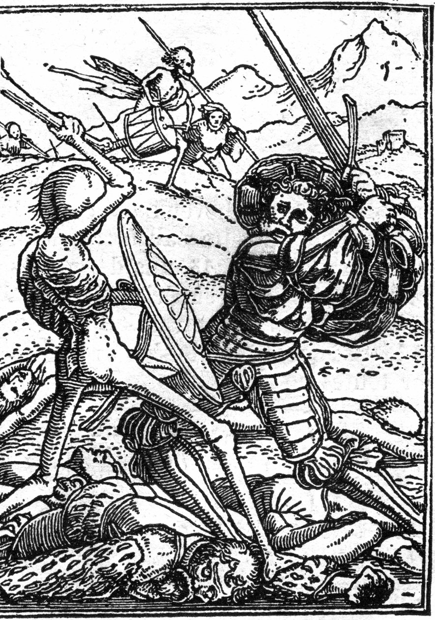 Hans Holbein den unges falske død (1497-1543): soldaten. En soldat bekæmper Døden; ved deres fødder ligger andre krigeres kroppe. Gravering. af Hans (after) Holbein the Younger