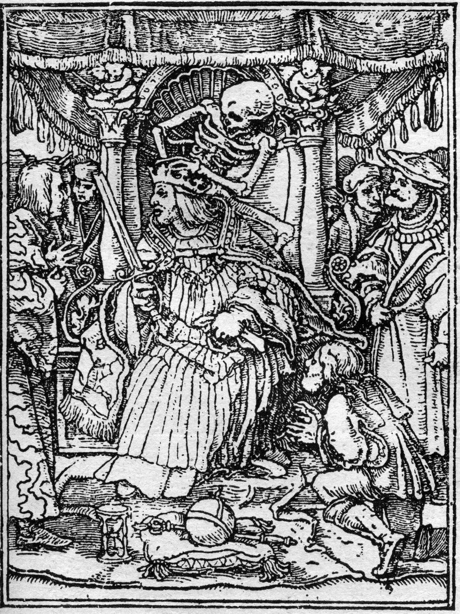 Simuleringerne af Hans Holbein den unges død (1497-1543): kejseren. Mens Døden fjerner kejserens krone, beder en bonde ham om retfærdighed. Gravering. af Hans (after) Holbein the Younger