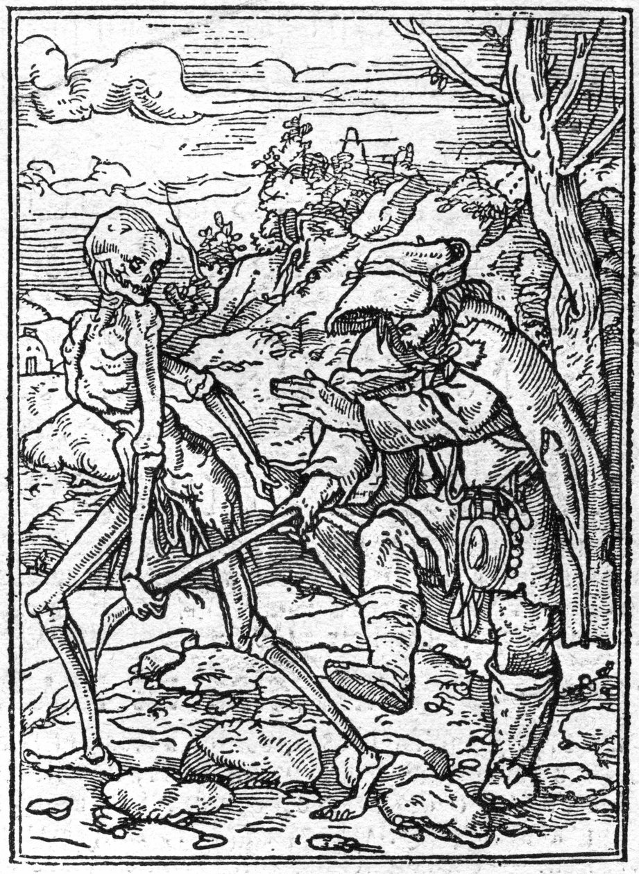 Simuleringerne af Hans Holbein den Yngres død (1497-1543): de blinde. Døden griber den blindes pind og fungerer som en guide. Gravering. af Hans (after) Holbein the Younger