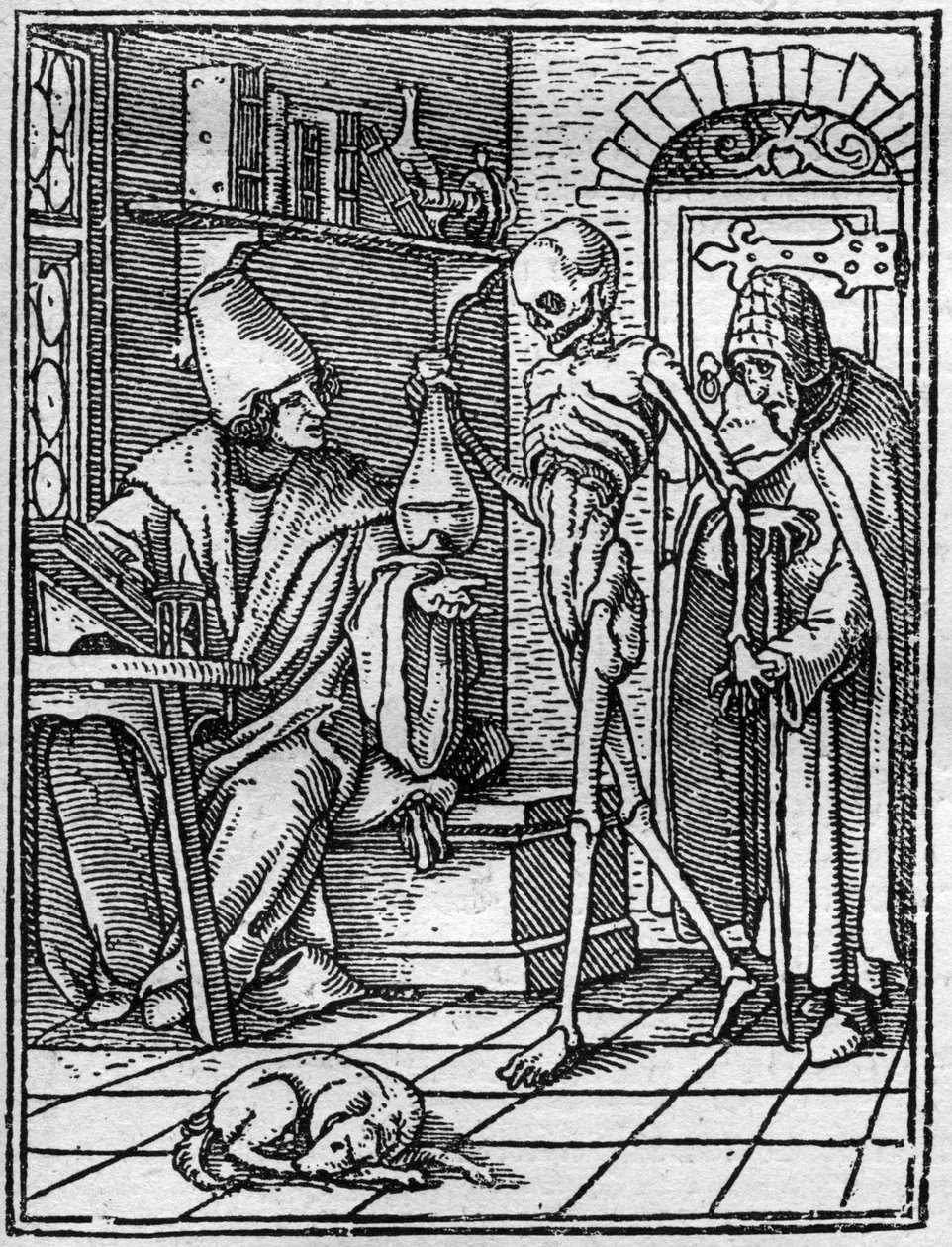 Simuleringerne af Hans Holbein den Yngres død (1497-1543): lægen. Døden kommer mellem lægen og hans patient. Gravering. af Hans (after) Holbein the Younger