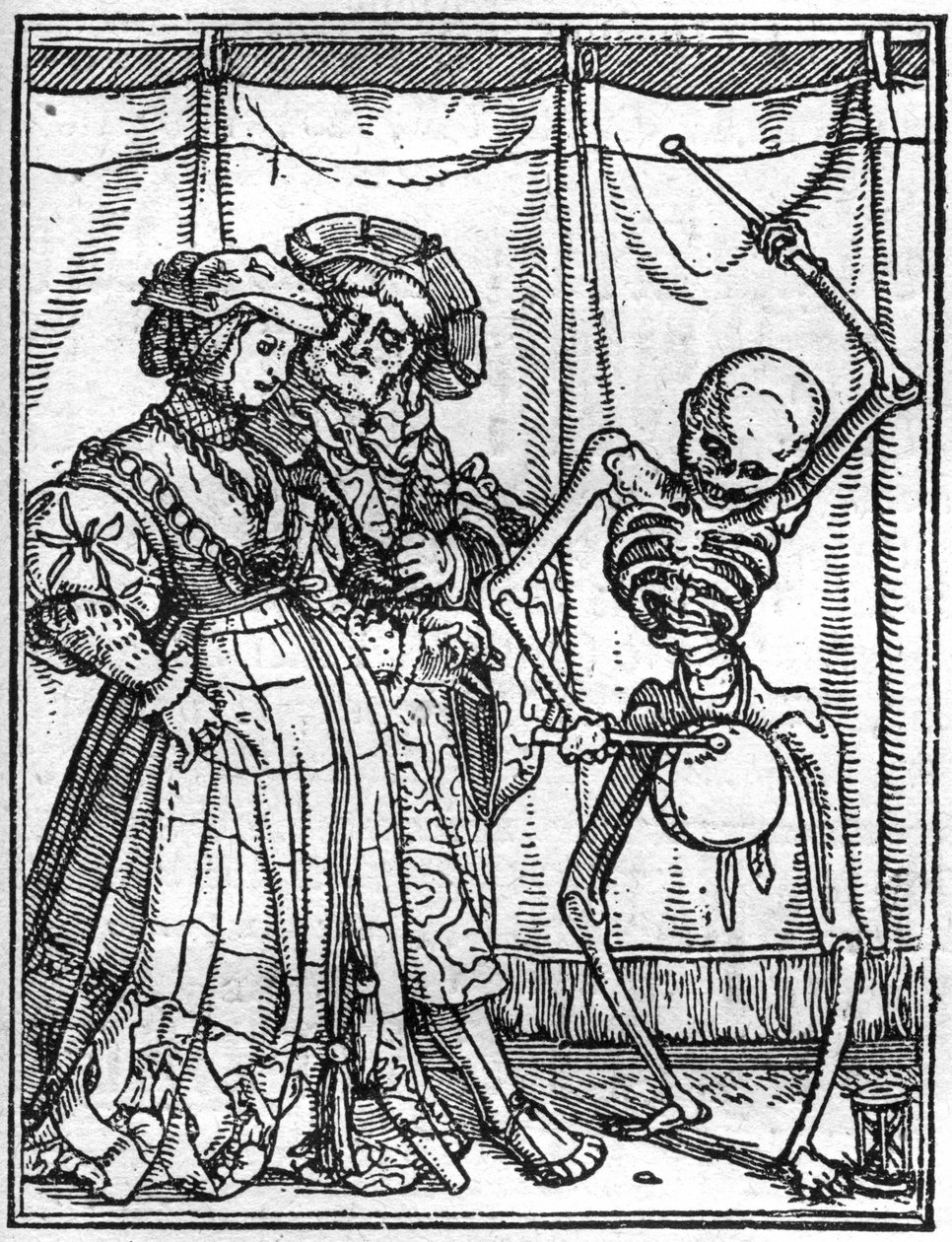 Simuleringerne af Hans Holbeins død (1497-1543): ægtemændene. Døden spiller på tromme foran et par. Gravering. af Hans (after) Holbein the Younger