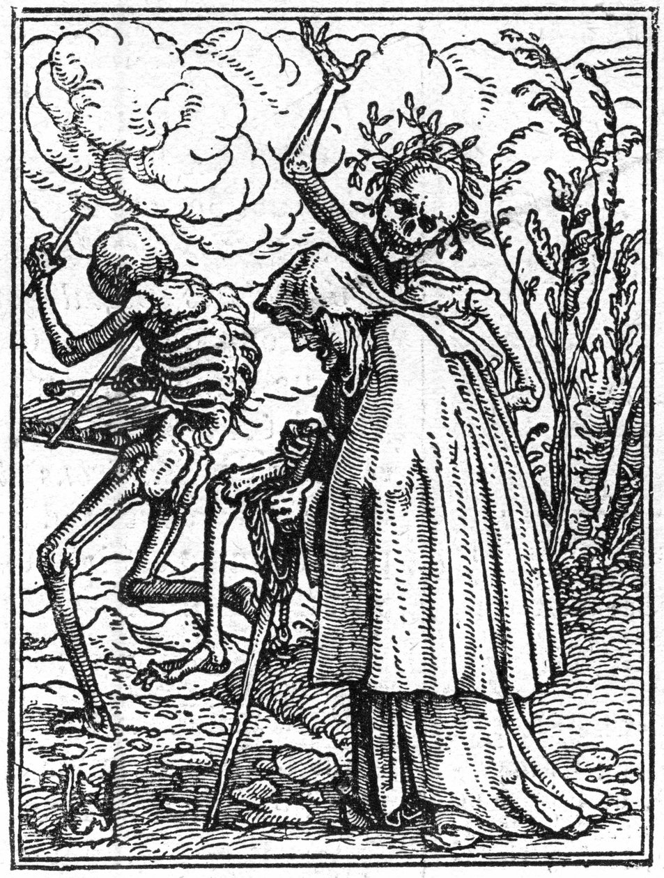 Simuleringerne af Hans Holbein den Yngres død (1497-1543): den gamle. Døden følger en gammel dame til hendes skæbne. Gravering. af Hans (after) Holbein the Younger