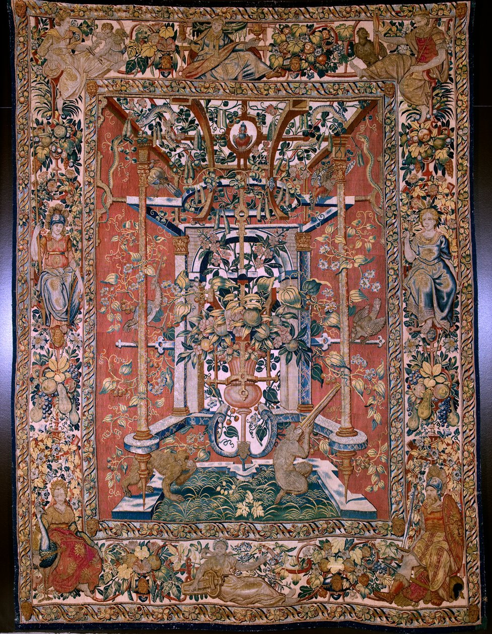 flamsk gobelin. Serie grotesker med aber: Aber skyder med en arkebus. Tegner Hans Vredeman de Vries (?). Atelier Seger Bombeck, Bruxelles. 1542-1560. af Hans (after) Vredeman de Vries