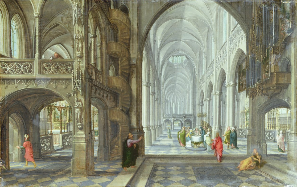 Det indre af en gotisk kirke med Kristi omskæring, der finder sted i hovedgangen, ca. 1600 (olie på lærred) af Hans (after) Vredeman de Vries