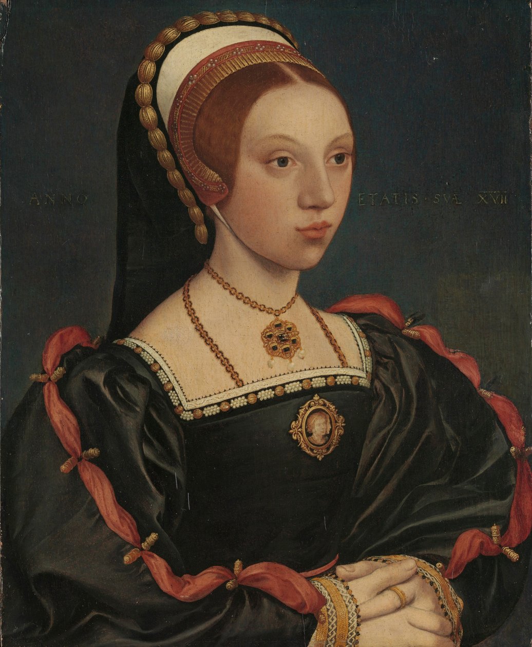Portræt af en ung kvinde, ca. 1540-45 (olie og guld på eg) af Hans (attr. to) Holbein the Younger