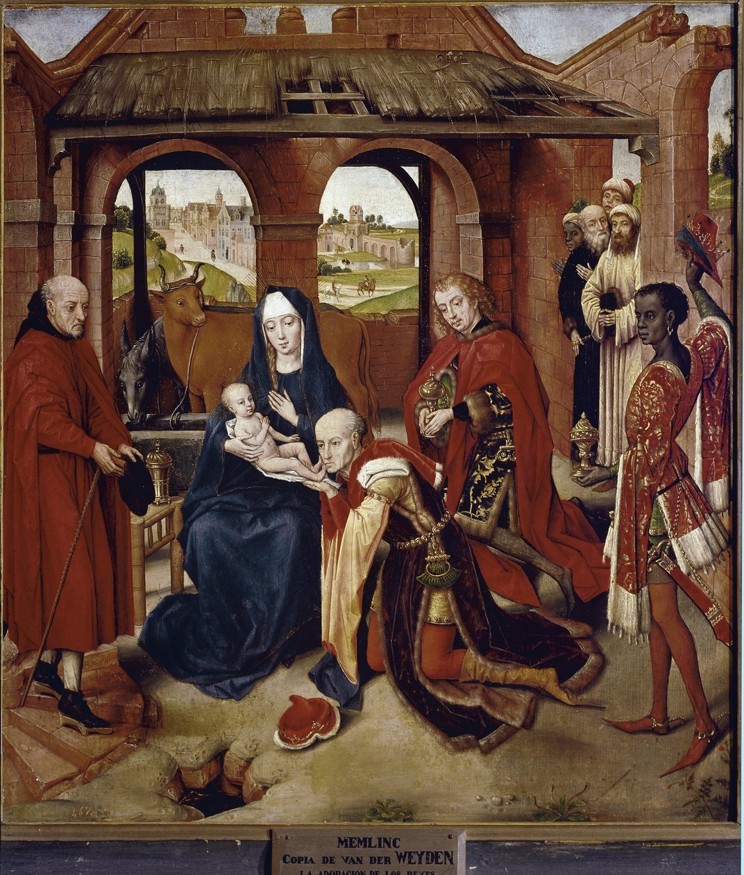 Tilbedelse af Magi, Centralpanel af Polyptych of Loo (olie på træ af Hans (attr.to) Memling