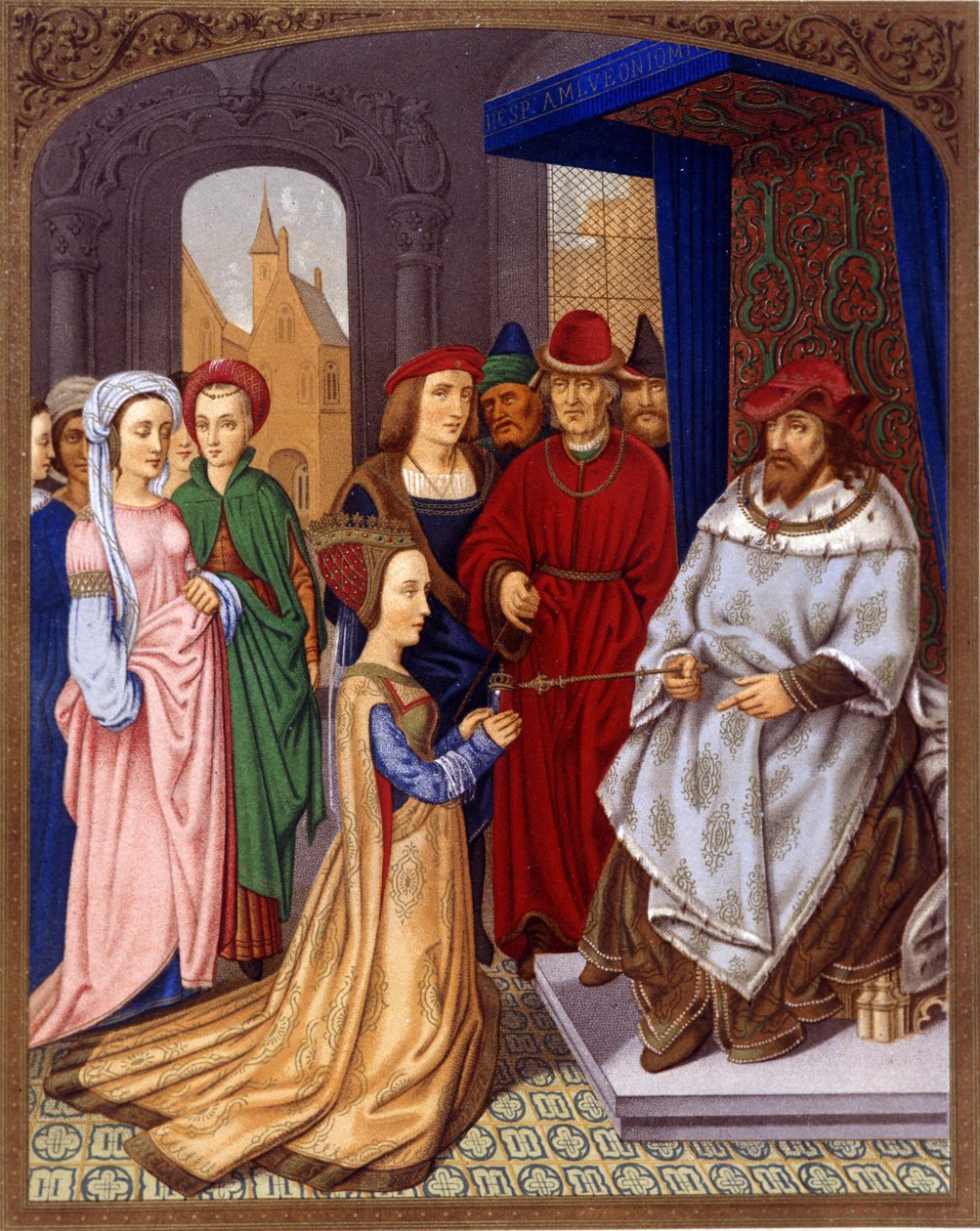 Dronningen af Saba før Salomon - Miniature af kardinal Grimanis breviarium tilskrevet Memling, Biblioteca Marciana, Venedig.. 15. århundrede. af Hans (attr.to) Memling