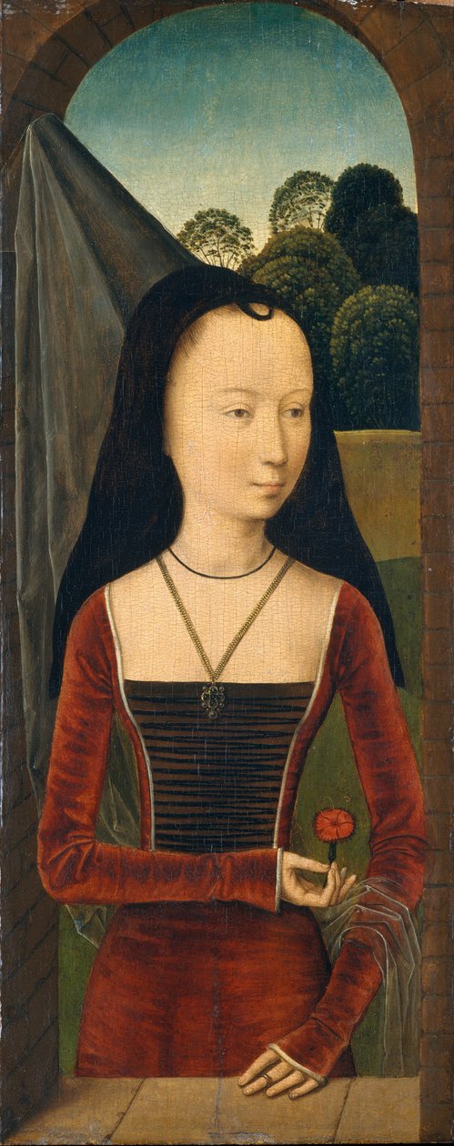 Ung kvinde med en lyserød, ca. 1485-90 (olie på træ) af Hans (attr.to) Memling