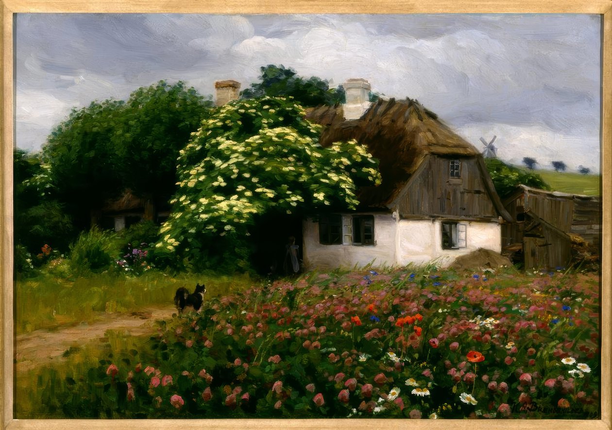H.A. Brendekilde, blomstereng ved gården af Hans Andersen Brendekilde
