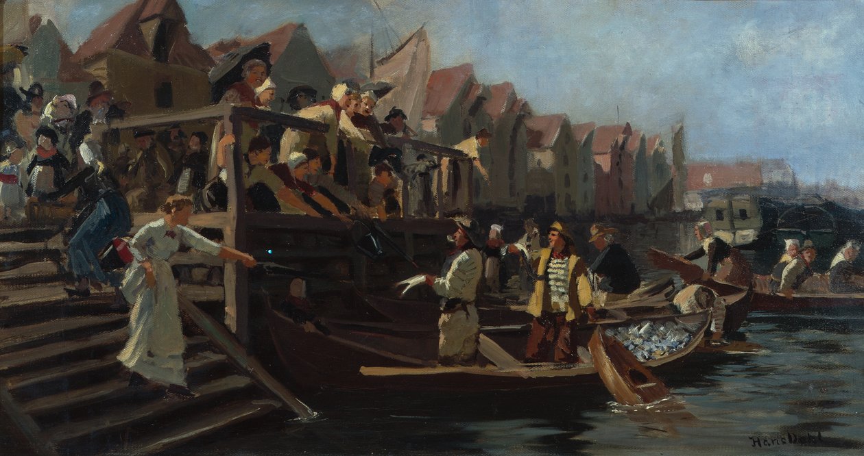 Byder på fiskemarkedet, Bergens Trekant (olie på lærred) af Hans Andreas Dahl