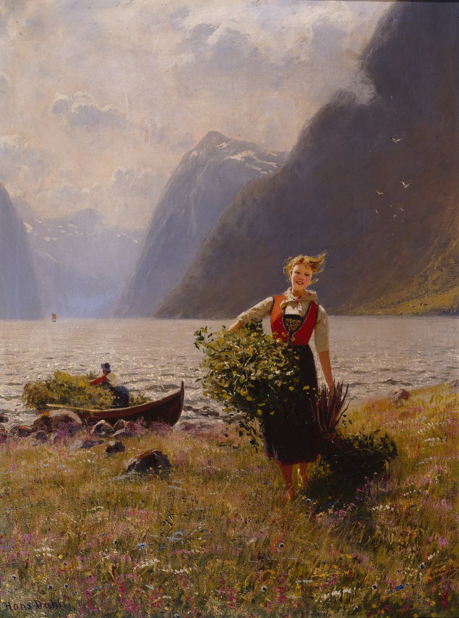 Dairymaid og Bunch of Leaves (olie på lærred) af Hans Andreas Dahl
