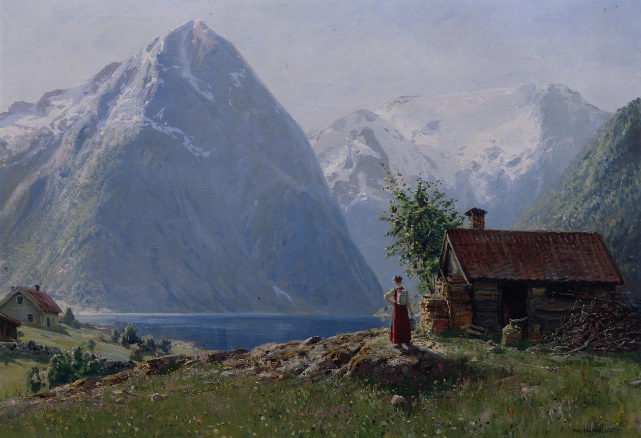 Pige i et fjordlandskab (olie på lærred) af Hans Andreas Dahl