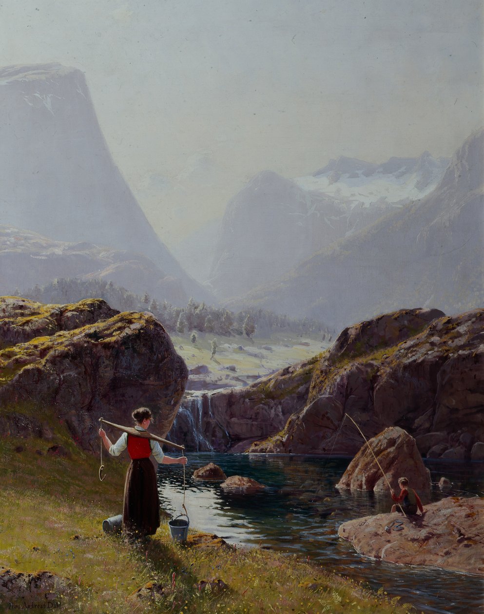 Pige med spande vand og drengefiskeri (olie på lærred) af Hans Andreas Dahl