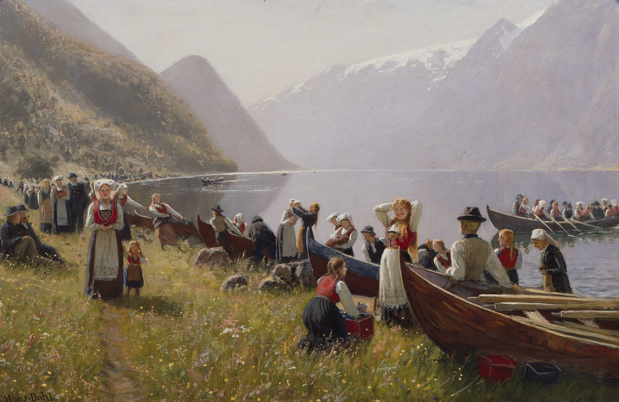 Gå i kirke i Hardanger (olie på lærred) af Hans Andreas Dahl