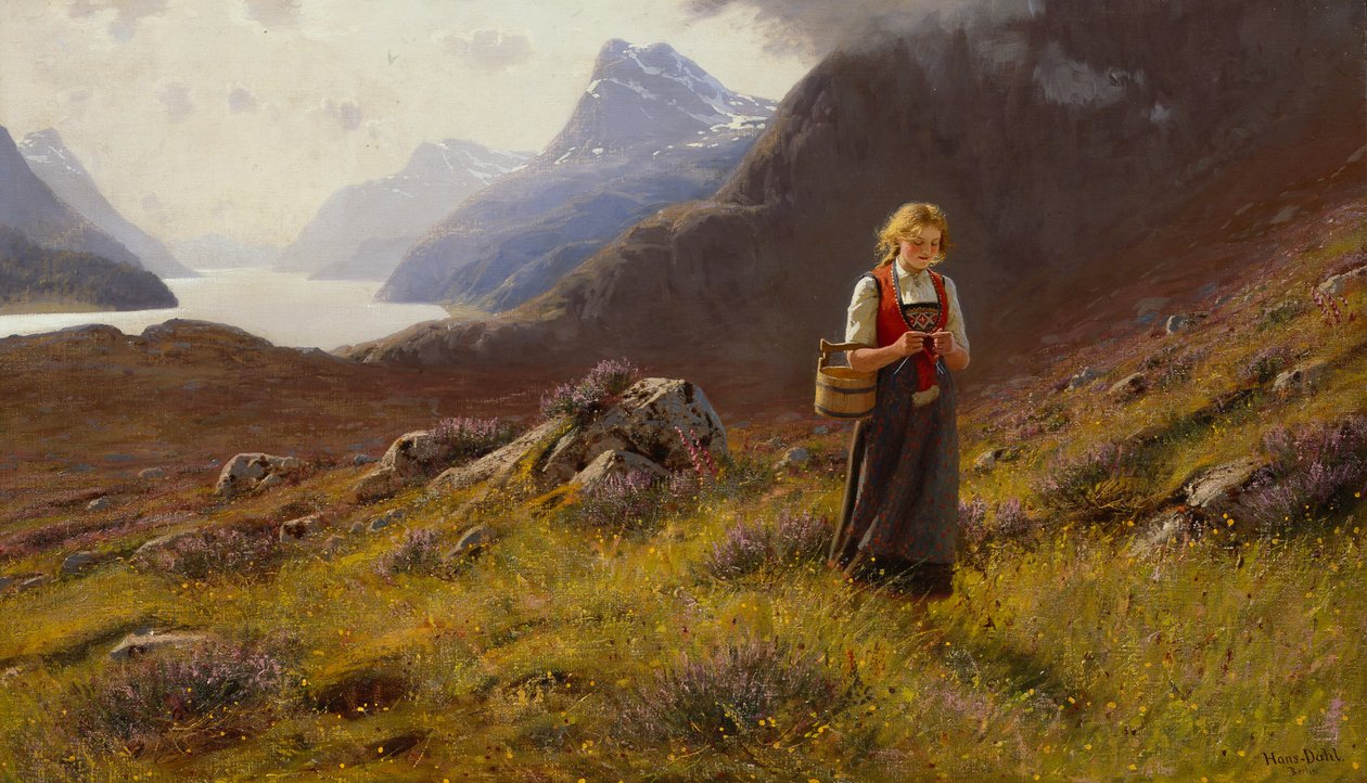 Knitting Dairymaid (olie på lærred) af Hans Andreas Dahl