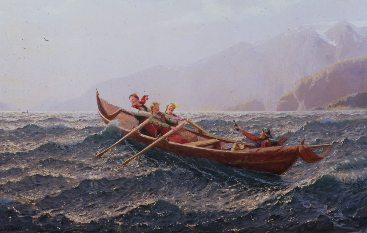 Mennesker i en robåd (olie på lærred) af Hans Andreas Dahl