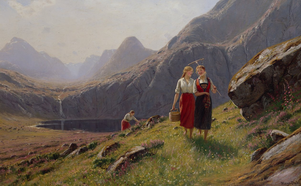 Tre piger ved bjergsøen i Vestnorge (olie på lærred) af Hans Andreas Dahl