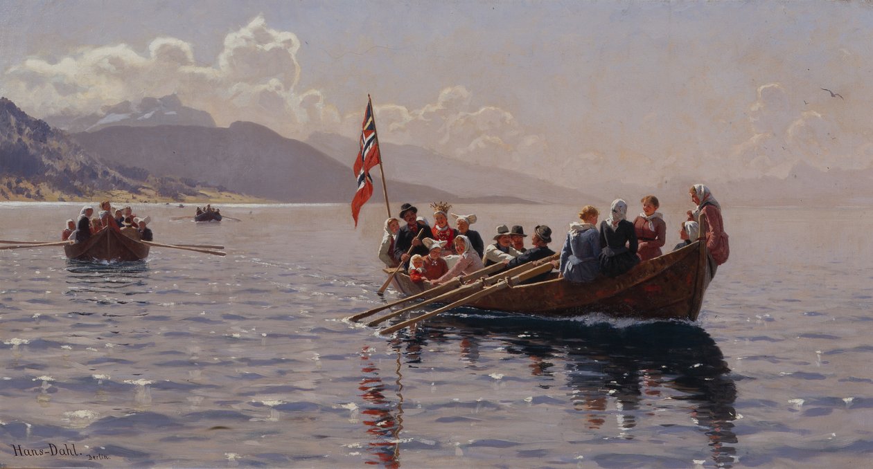 Bryllupsoptog i Sognefjorden (olie på lærred) af Hans Andreas Dahl