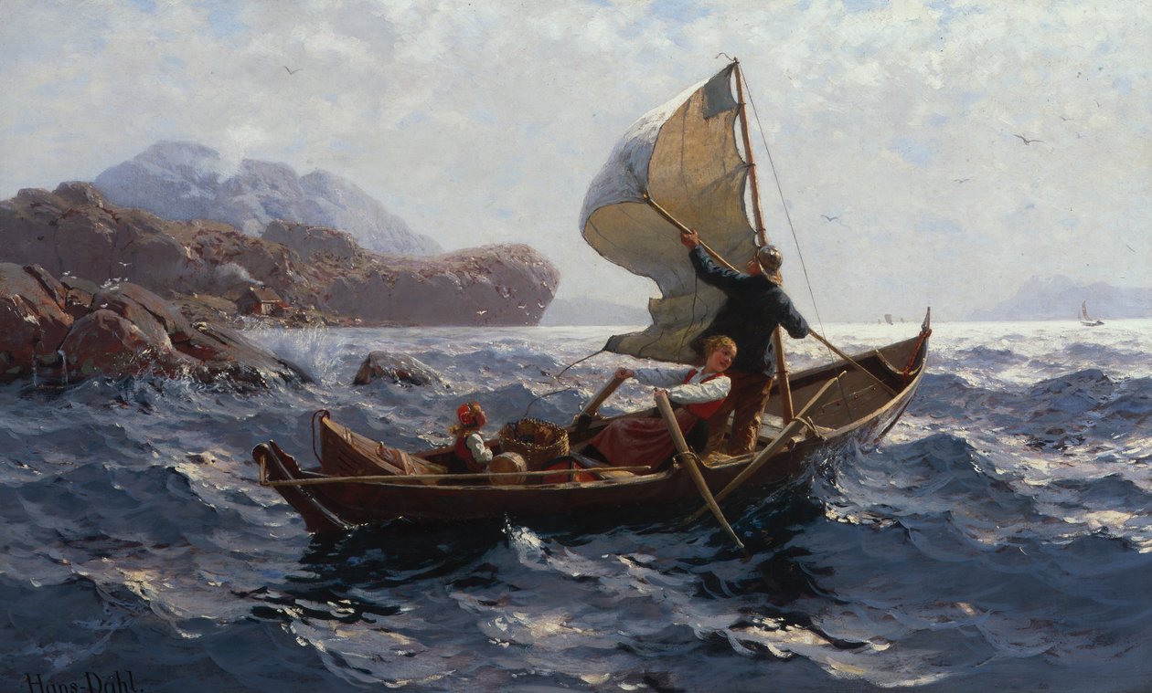 Kvinde, mand og barn i en oselver (olie på lærred) af Hans Andreas Dahl