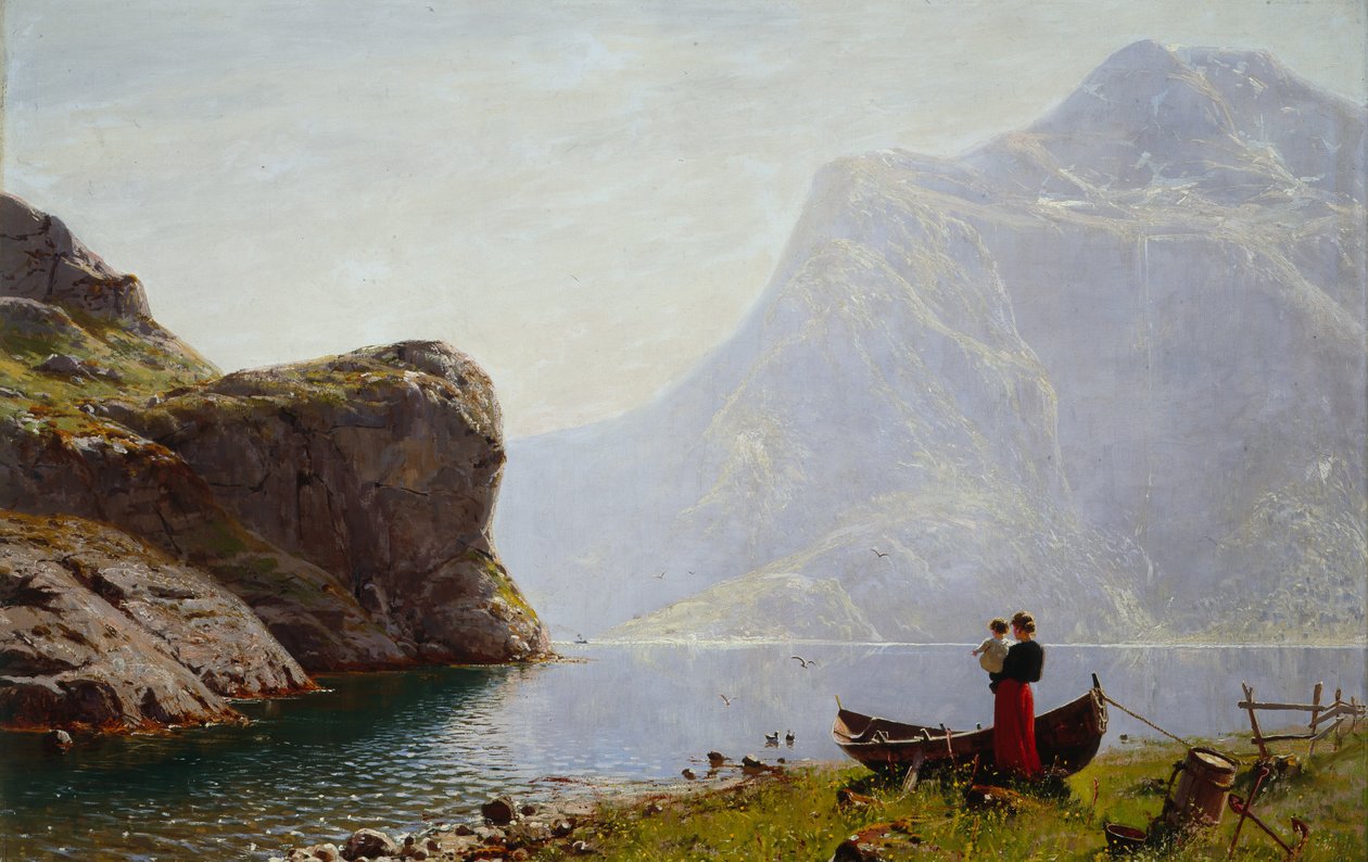 Kvinde og barn ved Fjordbanken (olie på lærred) af Hans Andreas Dahl