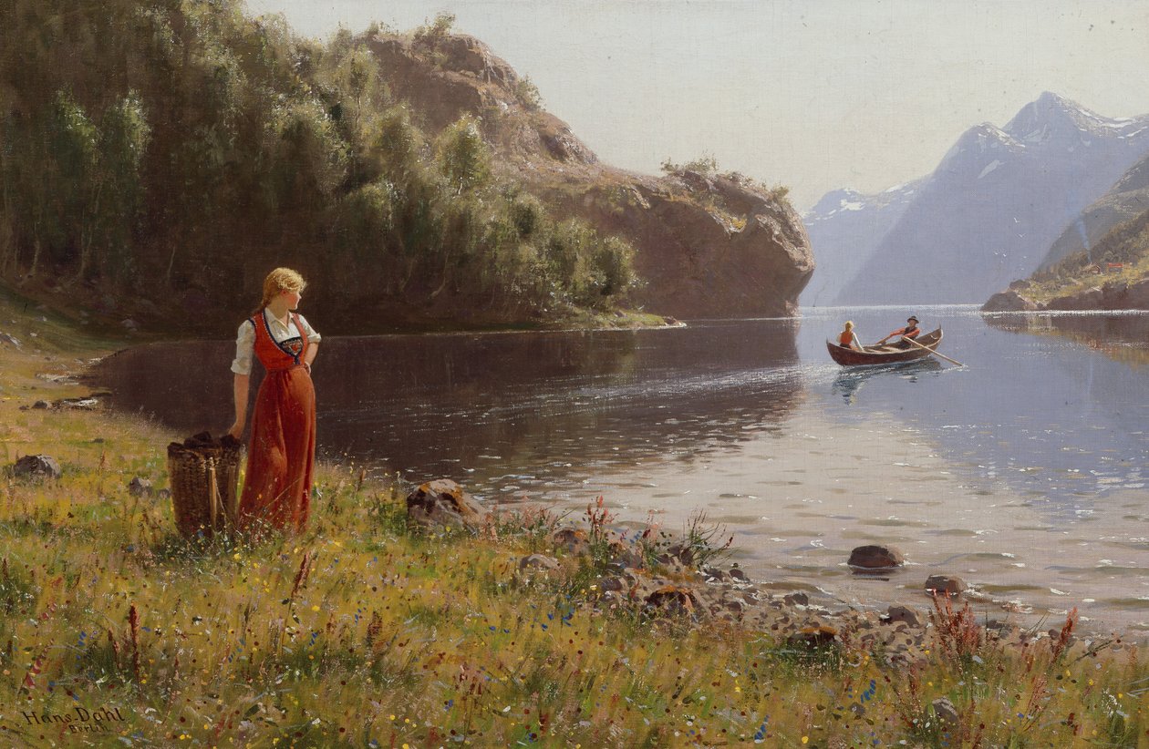 Kvinde i Fjordlandskab (olie på lærred) af Hans Andreas Dahl