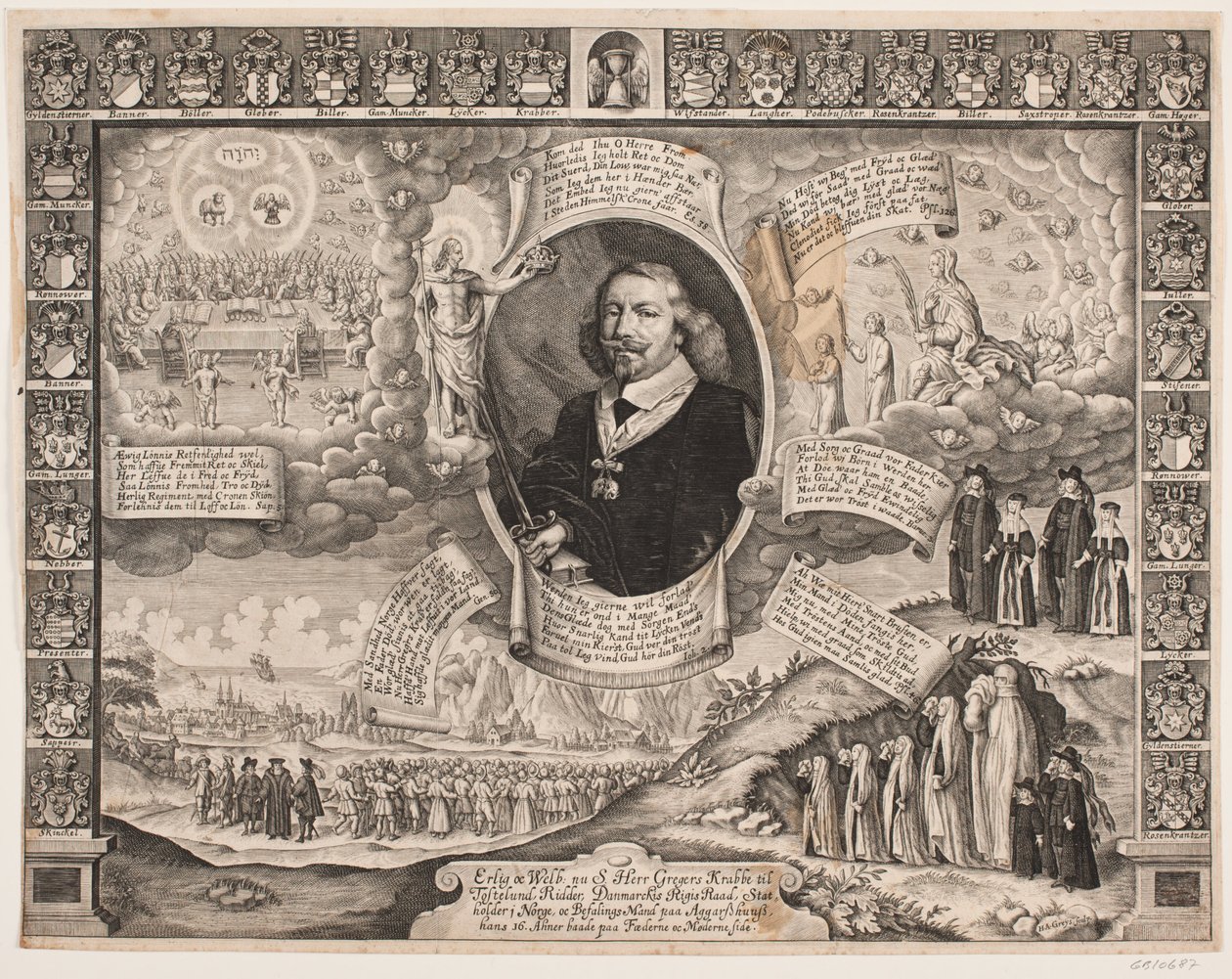 Gregers Krabbe til Torstedlund omgivet af allegoriske fremstillinger og aneskjolde af Hans Andreas Greys