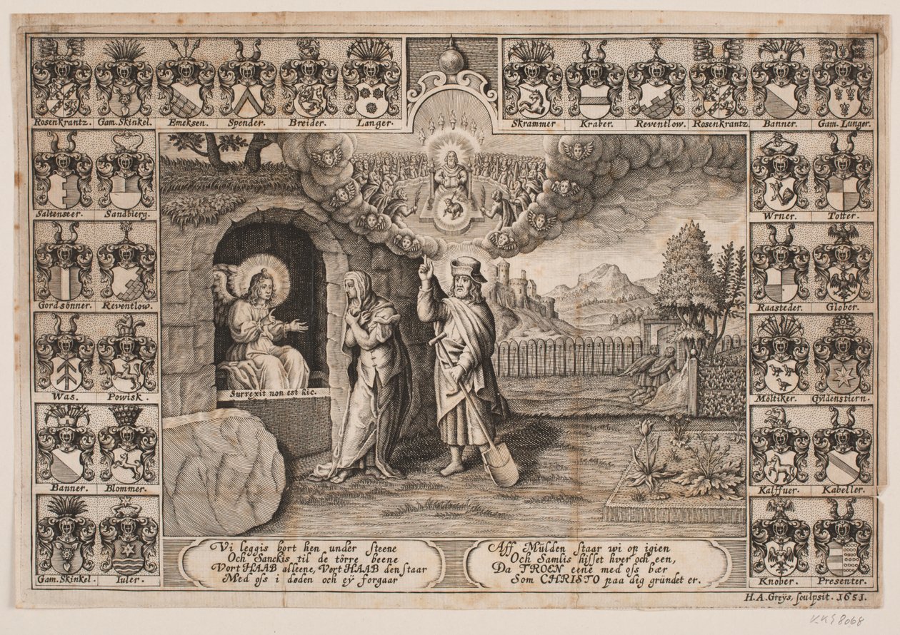 Titelblad til ligprædiken over Ida Langs med fremstilling af Kristus som gartner og Maria Magdalena af Hans Andreas Greys