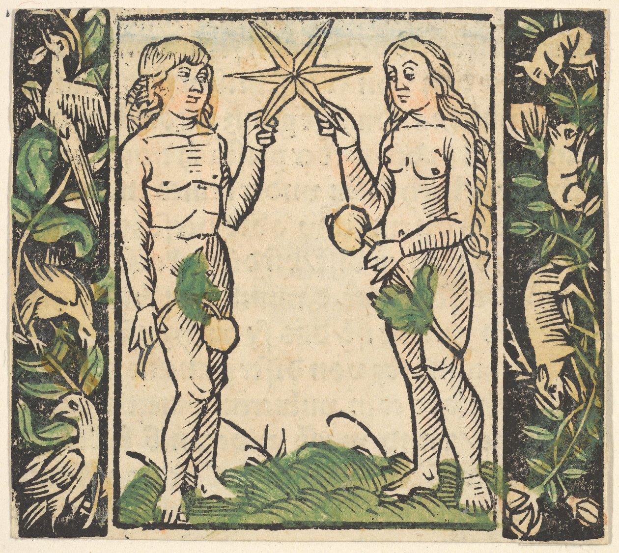 Adam og Eva holder en stjerne, illustration fra Decided Gart des Rosary Mariae. af Hans Baldung