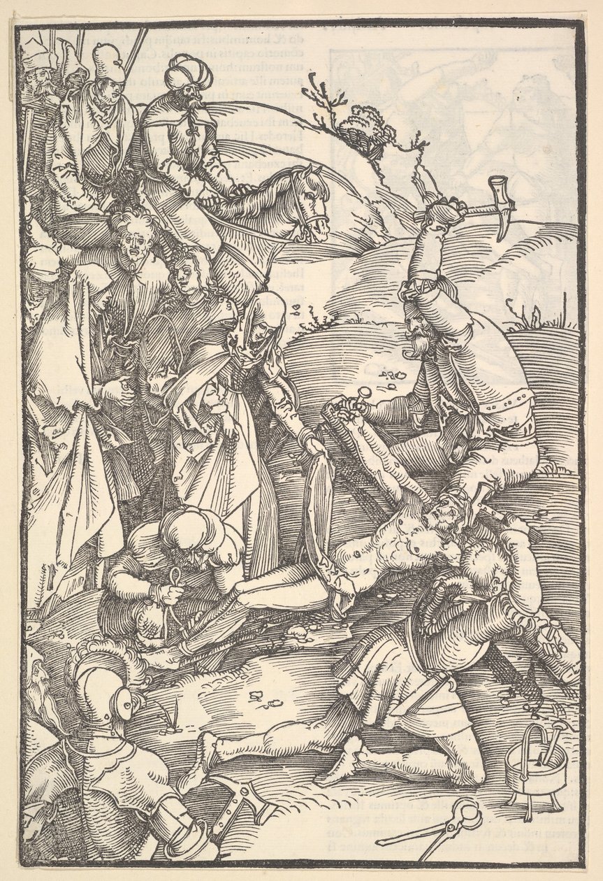 Kristus naglet til korset, omvendt: Kristus naglet til korset, fra Speculum Passionis Dom..., 1507. af Hans Baldung