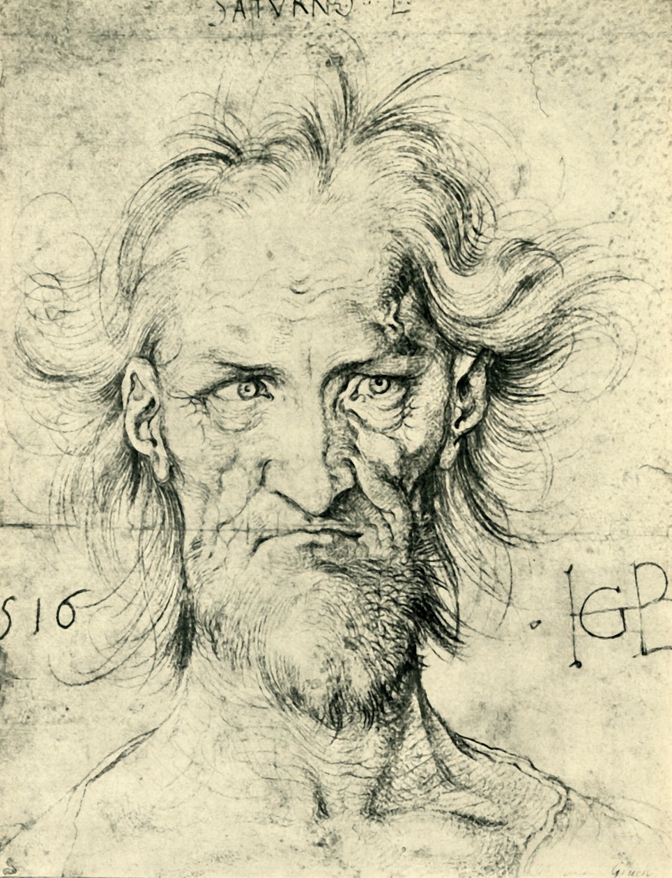 Hoved af en skægget gammel mand Saturn, 1516, 1943. af Hans Baldung