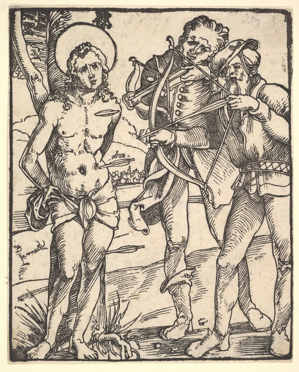 Sankt Sebastians martyrium med to armbrøstmænd. af Hans Baldung