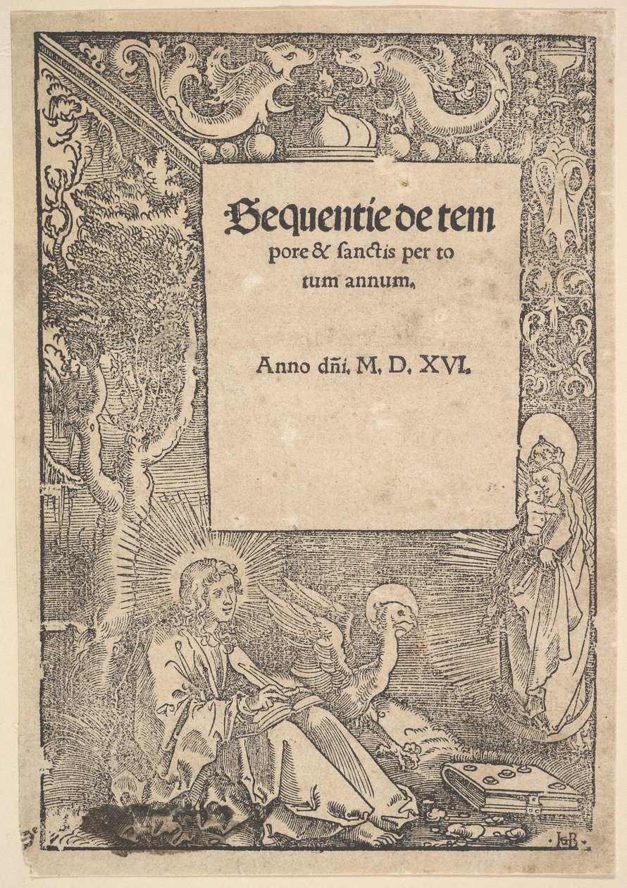 Sankt Johannes evangelisten på Patmos, titelblad fra Hymni de tempore et de sanctis, 1516 af Hans Baldung