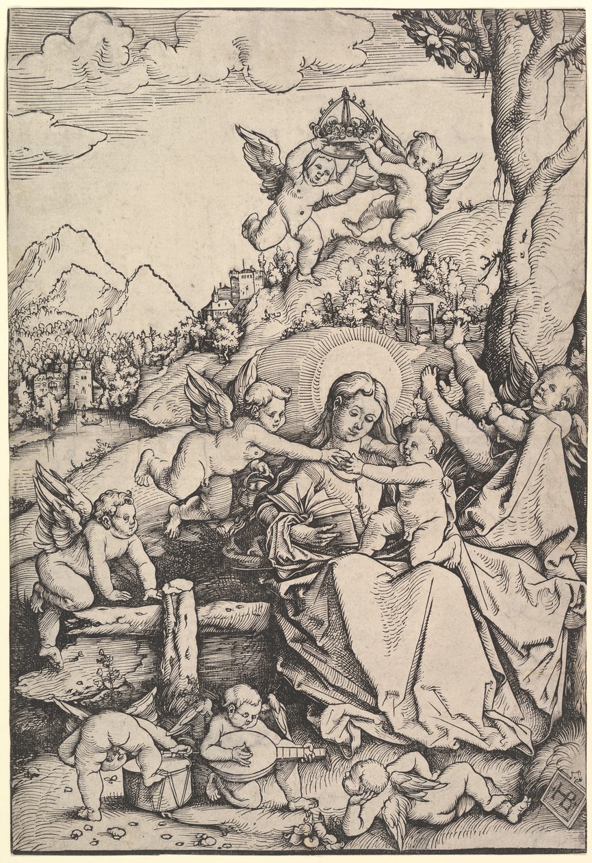 Jomfruen og barnet med otte engle i et landskab, 1511. af Hans Baldung