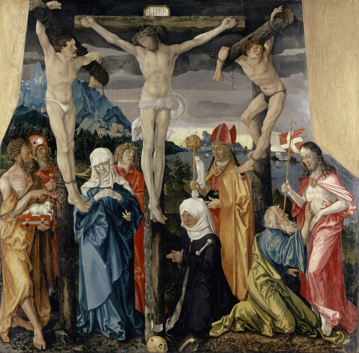 Kristus korsfæstet med tyvene, de hellige og en kvindelig donor, 1512 af Hans Baldung Grien