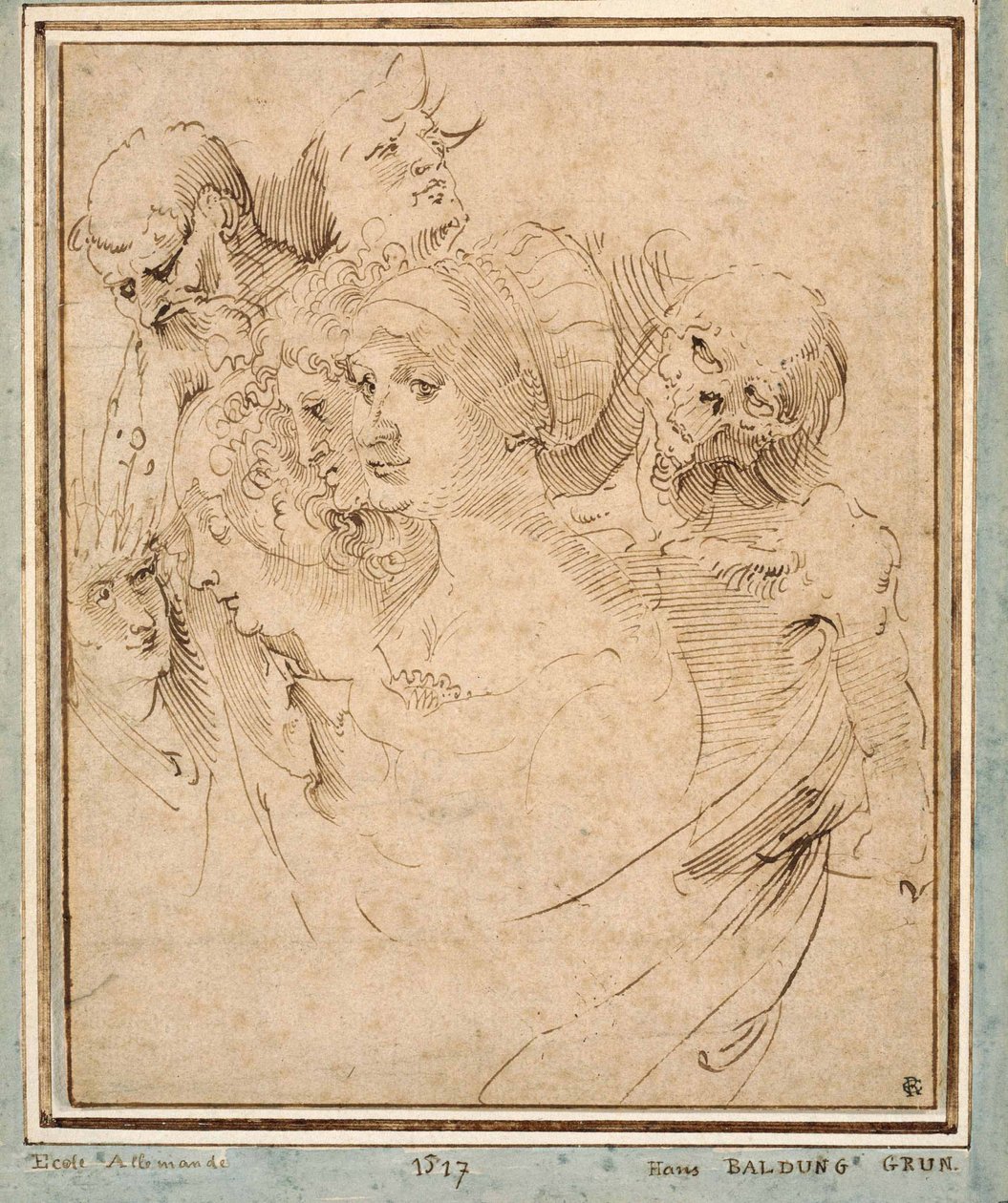 ""La mort representee avec sept tetes"" (Døden mellem syv hoveder) Tegning af Hans Baldung (Baldung Grien)(1484-1545) vers 1515 Privat samling af Hans Baldung Grien