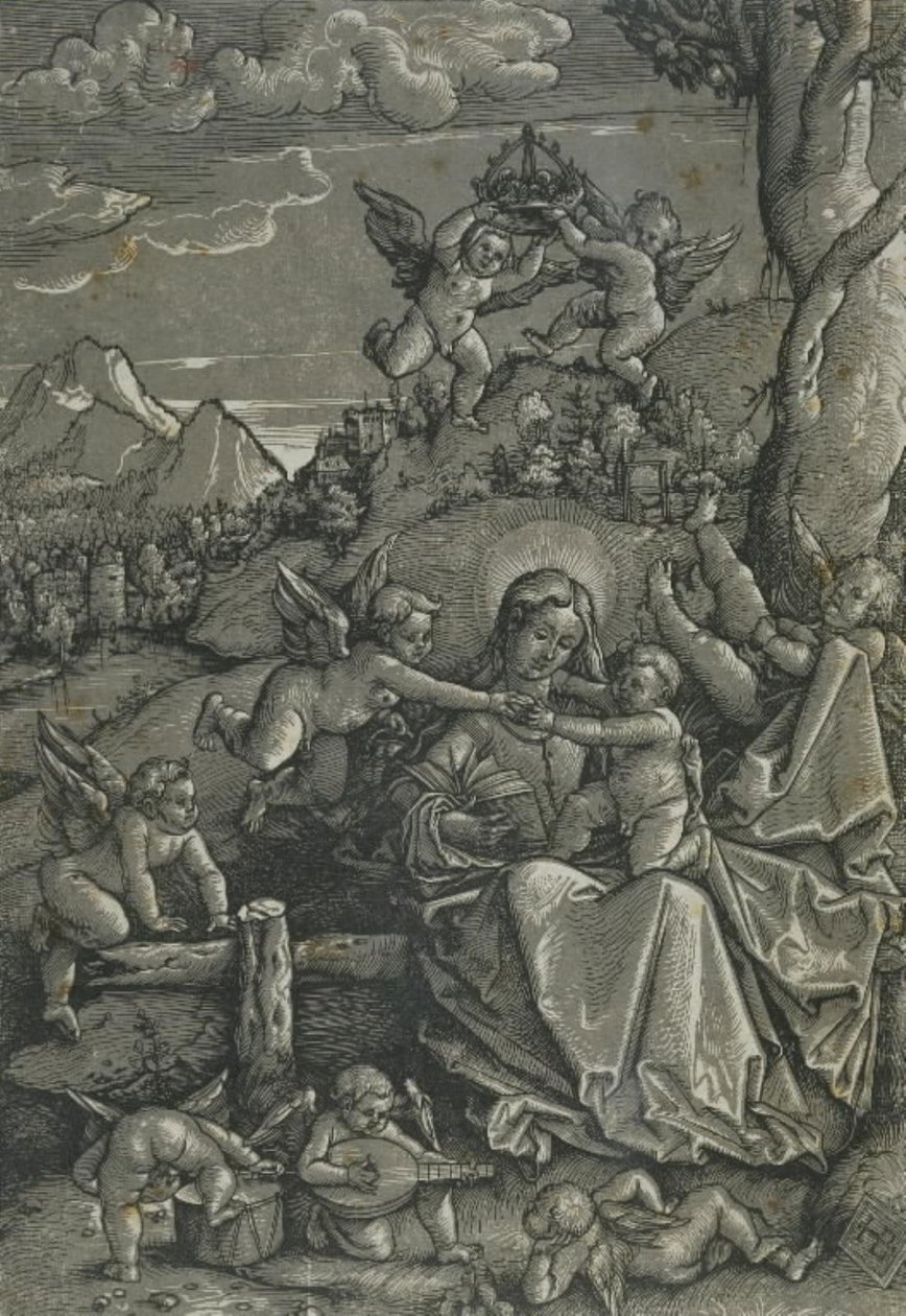 Madonna med barn og engle i et landskab af Hans Baldung Grien