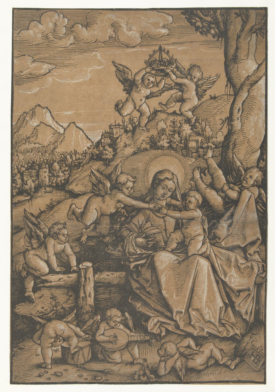 Mary med barn med otte engle i et landskab af Hans Baldung Grien