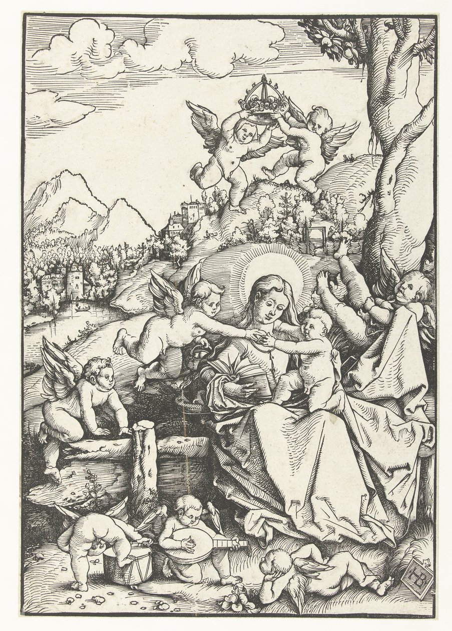 Mary med barn med otte engle i et landskab af Hans Baldung Grien