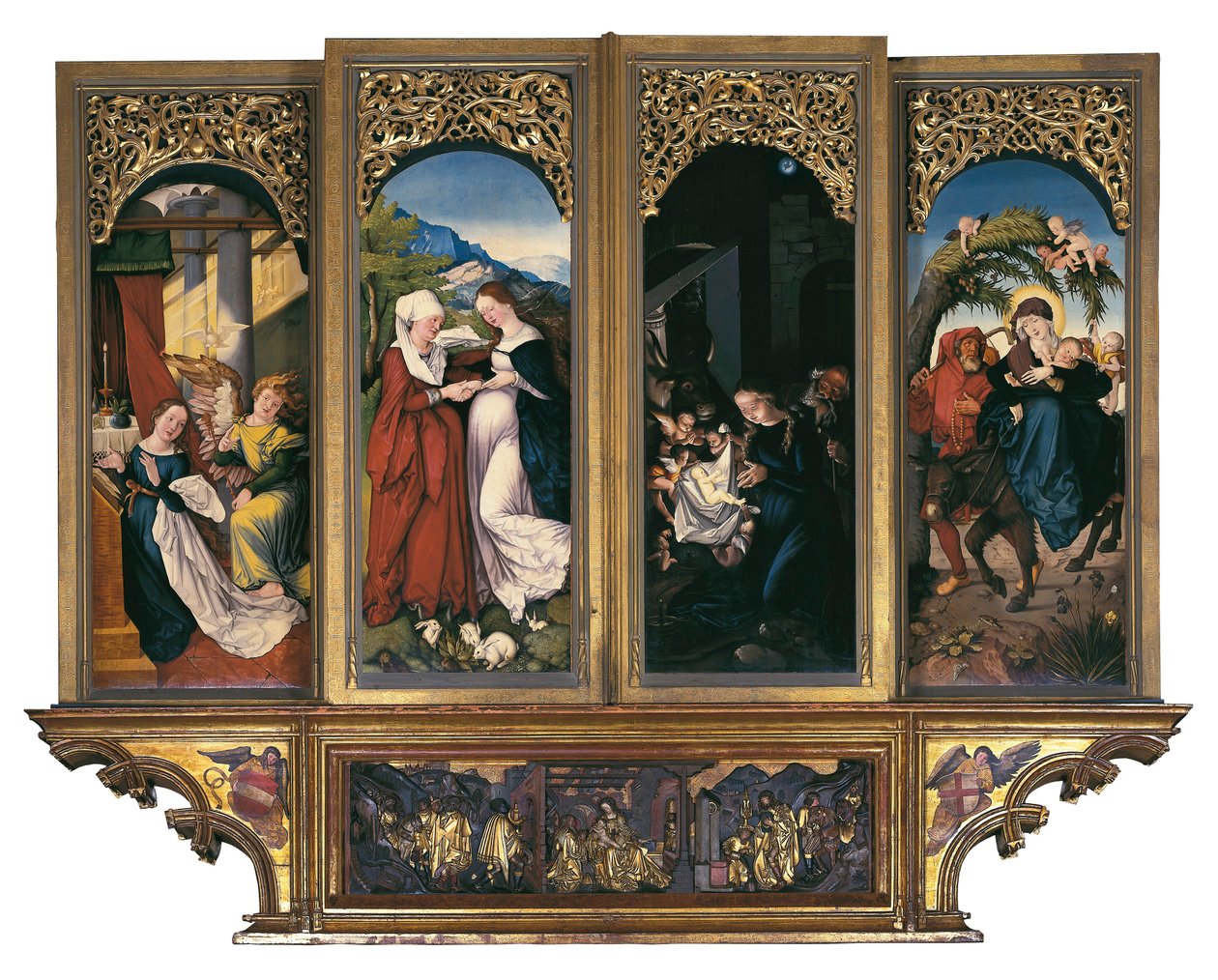 Scener fra Jomfruens liv: Bebudelsen, Visitationen, Fødselen og Flugten til Ægypten. Maleri på træ af Hans Baldung dit Grien (1485-1544) Alter for Vor Frue af Freiburgs katedral Freiburg im Breisgau, Tyskland (maleri på w af Hans Baldung Grien