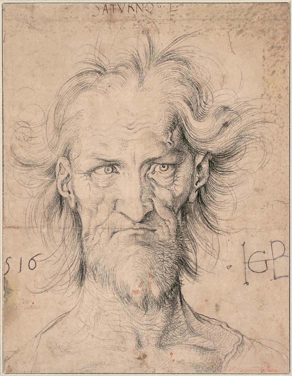 Head of a Bearded Old Man, Saturn (Head of a Bearded Old Man ""Saturn"") - Tegning af Hans Baldung (1484-1545), sort kridt på papir af Hans Baldung Grien