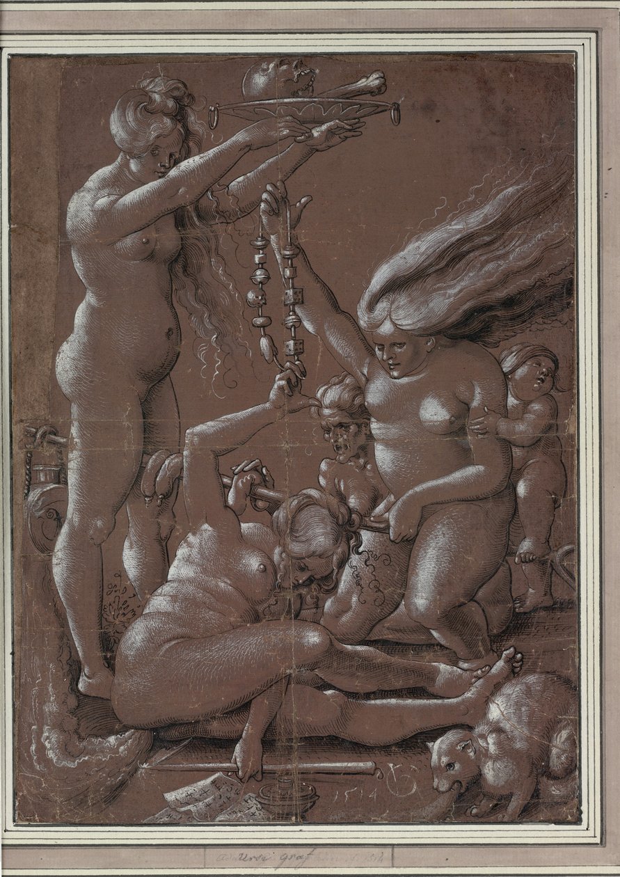 Heksenes sabbat (Efter Hans Baldung) par Graf, Urs (ca. 1485-1527/28). Pen, pensel, blæk, hvid farve på papir, størrelse: 29,5x21,7 af Hans Baldung Grien