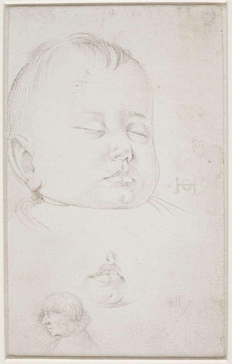 Hovedet af en lille dreng i trekvart profil, drengens halvåbne mund og af Hans Baldung Grien