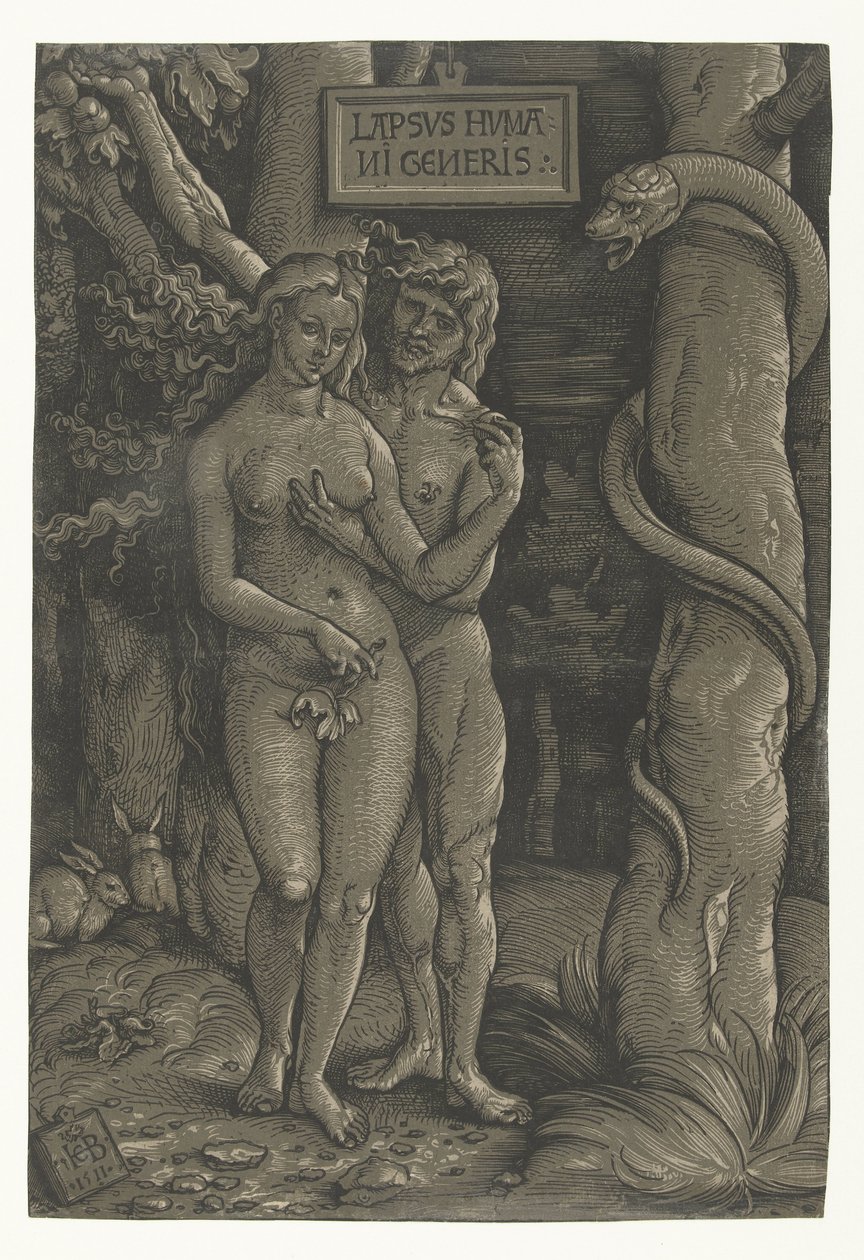 Adam og Evas fristelse i paradis Menneskets Fald Lapsvs Hvmani Generis (titel på objekt) af Hans Baldung Grien