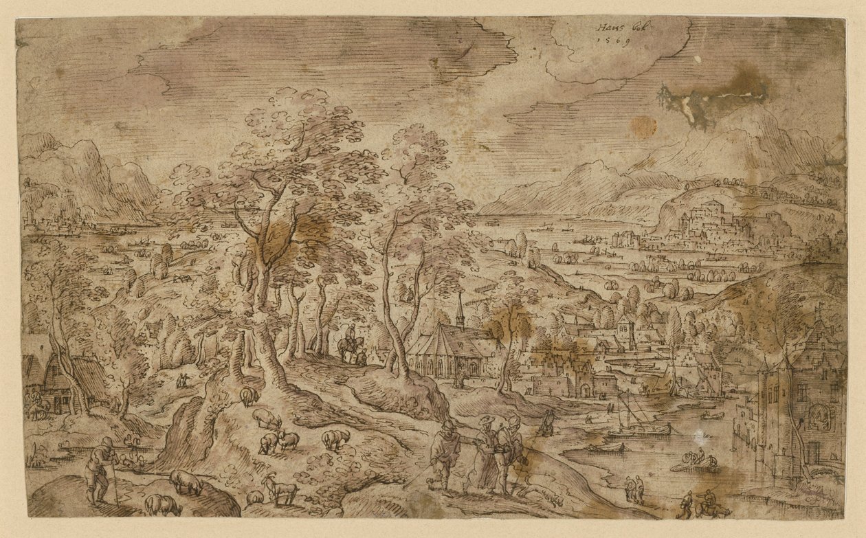 Kristus på vejen til Emmaus i et vidt landskab af Hans Bol