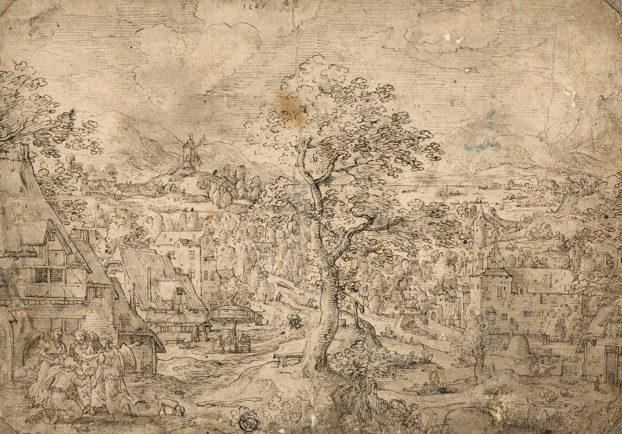 Landskab med Abraham og engle af Hans Bol