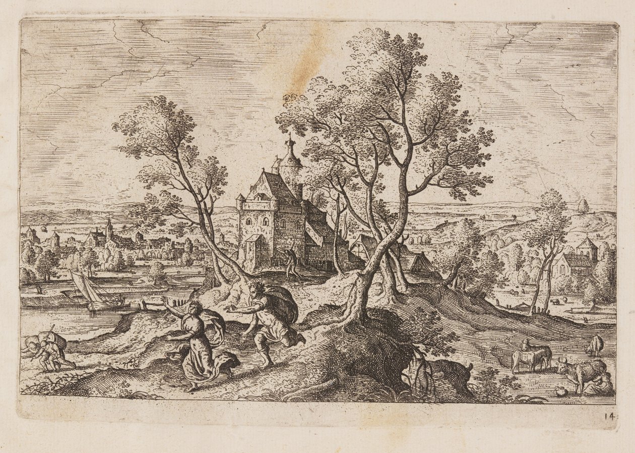 Planche 14, fra Landskaber med scener fra Det Gamle og Det Nye Testamente og Ovids Metamorfoser af Hans Bol