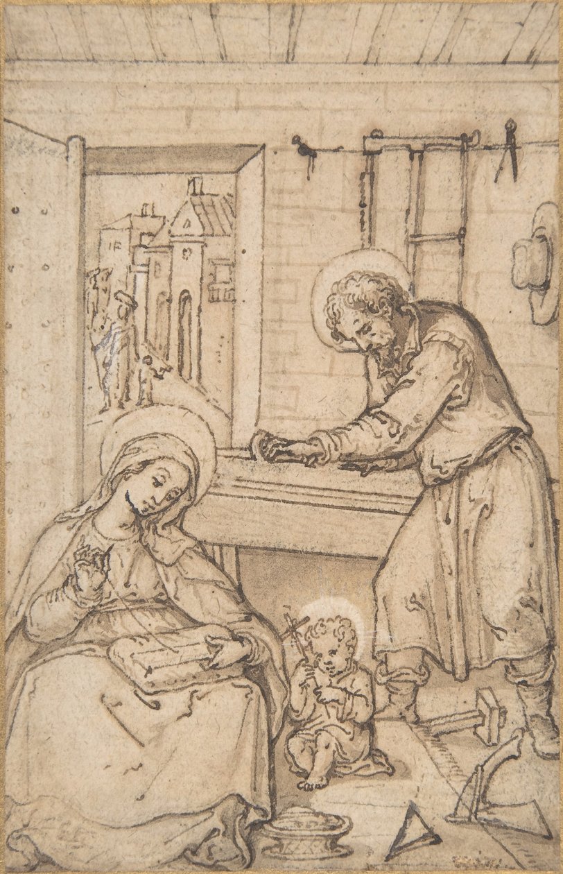 Kristi barndom, i snedkerforretningen, 1534-93. af Hans Bol.