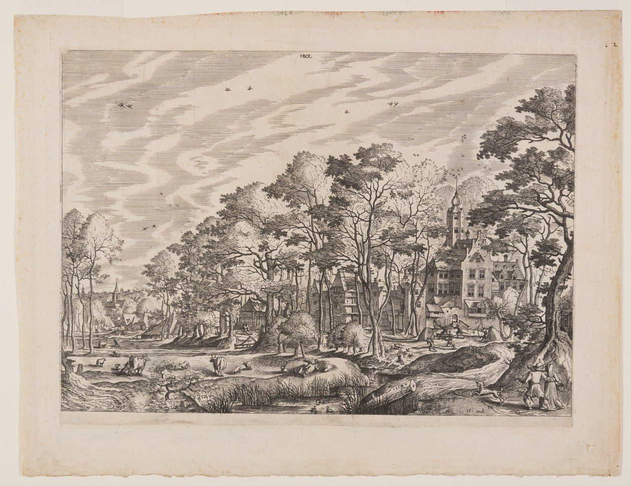 Udsigt over en landsby med et slot til højre, planche 1 fra Landskaber med udsigt over landsbyer af Hans Bol