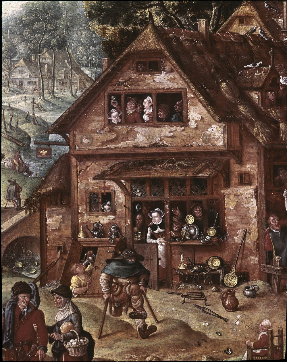Udsigt over landsbyen med burleske scener. Detalje af værtshuset af Hans Bol